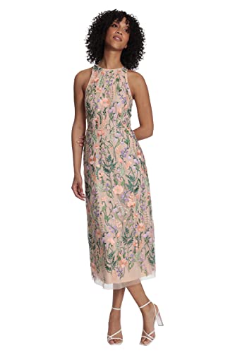 Women's Garden Embroidered Mesh Halter Midi Dress-Perfect for Wedding Guest & Special Occasions