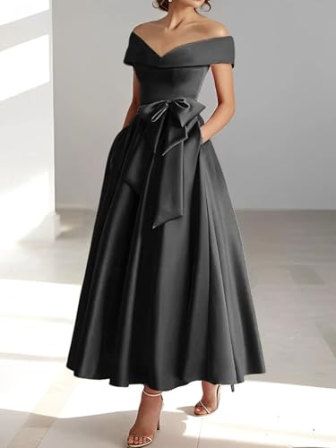 Womens Off The Shoulder Satin Mother of The Bride Dresses with Bow Tea Length Formal Gowns Evening Dress