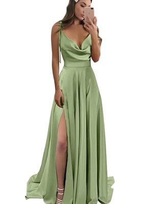 Cowl Neck Satin Bridesmaid Dresses Long with Slit Spaghetti Straps Formal Prom Evening Gowns with Pockets 2025
