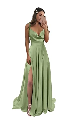 Cowl Neck Satin Bridesmaid Dresses Long with Slit Spaghetti Straps Formal Prom Evening Gowns with Pockets 2025