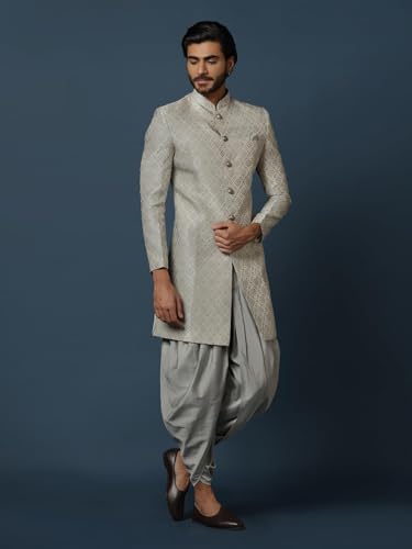 Men's Grey Jacquard Indowestern Sherwani & Dhoti Set – Regular Fit, Mandarin Collar | Indian Wedding & Festive Wear