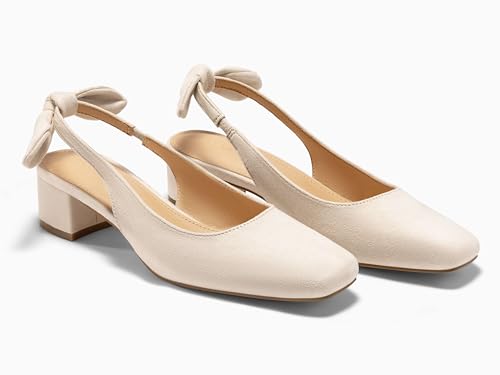Womens Chunky Low Heels Bow Slingback Pumps Closed Square Toe Wedding Party Dress Shoes