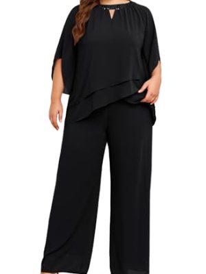 Mother of Bride Pant Suits Plus Size Half Sleeve 2 Piece Chiffon Pantsuit Formal Wedding Guest Outfit