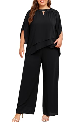 Mother of Bride Pant Suits Plus Size Half Sleeve 2 Piece Chiffon Pantsuit Formal Wedding Guest Outfit