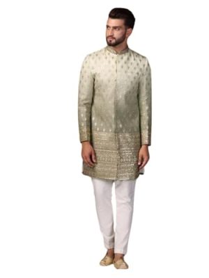 Men's Indo Western Sherwani Trouser Set, Green Silk Blend, Embroidered Regular Fit Mandarin Collar Long Sleeves
