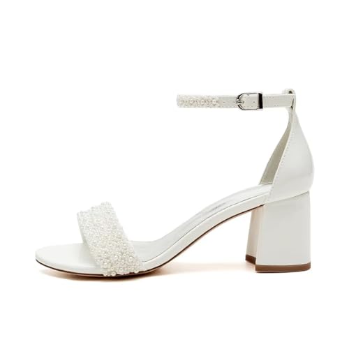 Low Block Heel Wedding Sandals Beaded Wedding Shoes for Bride Ankle Strap Bridal Heels