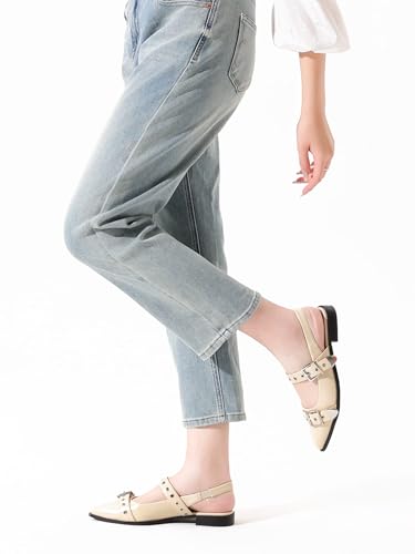 Women's Buckle Ballet Flats Pointed Closed Toe Slingback Shoes with Low Heel Comfortable Dress Flats