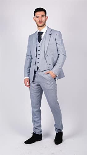 Mens 3 Piece Suit Light Blue Summer Linen Tailored Fit Wedding Prom Classic