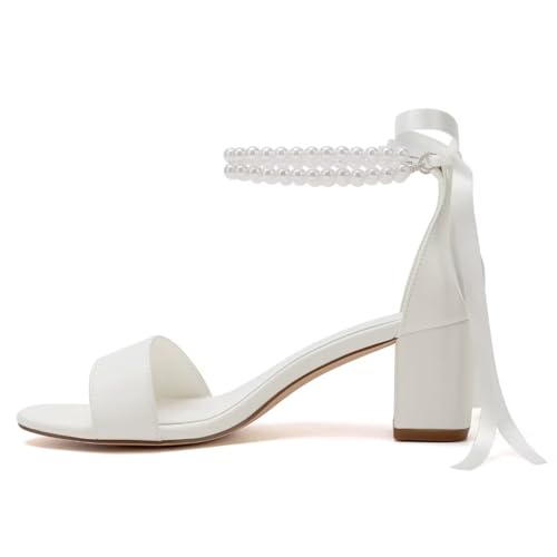 Pearl Wedding Shoes Open Toe Block Heel Wedding Sandals Chunky Heel Bridal Shoes