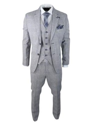 Mens 3 Piece Summer Suit Grey Check Blue Black Tailored Fit Classic Wedding Formal
