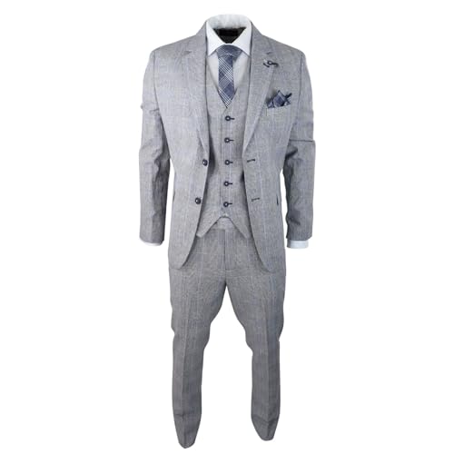 Mens 3 Piece Summer Suit Grey Check Blue Black Tailored Fit Classic Wedding Formal
