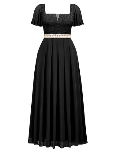 Women's Plus Size Floral Lace Ruffle Sleeves Beads Waist Chiffon Formal Party Maxi Dress