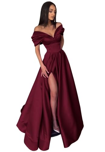 Women's Off The Shoulder Satin Prom Dress with Pockets Long Backless A-Line Formal Evening Gowns with Slit