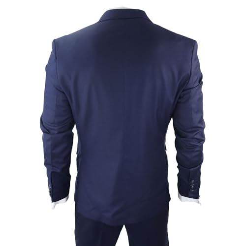 Mens Classic 3 Piece Suit Navy Blue Pocket Chain Wedding Tailored Fit Vintage Formal