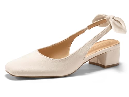 Womens Chunky Low Heels Bow Slingback Pumps Closed Square Toe Wedding Party Dress Shoes