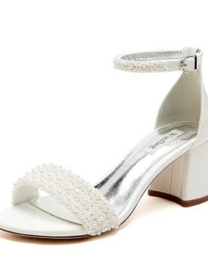 Low Block Heel Wedding Sandals Beaded Wedding Shoes for Bride Ankle Strap Bridal Heels