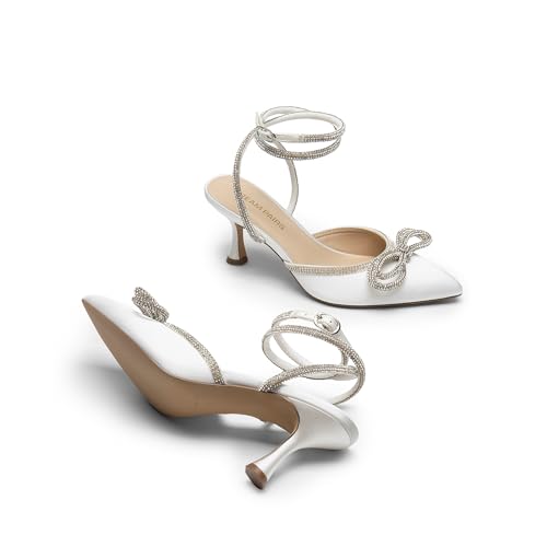 Kitten Heels Rhinestone Bow Ankle Strap Stiletto Pointed Closed Toe Heels for Women Pumps Wedding Bridal Party Dress Shoes