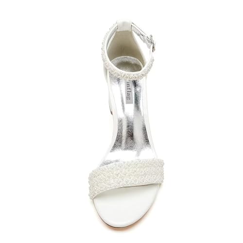 Low Block Heel Wedding Sandals Beaded Wedding Shoes for Bride Ankle Strap Bridal Heels