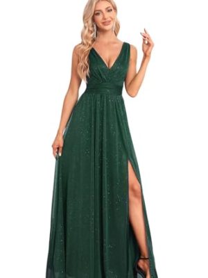 Long Glitter Tulle Evening Gowns with Slit A Line Sleeveless Formal Dress for Women LNR002