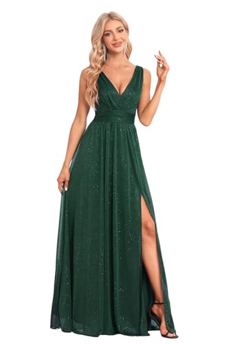 Long Glitter Tulle Evening Gowns with Slit A Line Sleeveless Formal Dress for Women LNR002