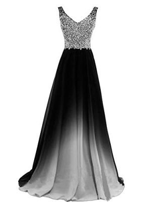 Women Formal Beaded Gradient Black Ombre Chiffon Long Prom Evening Dresses