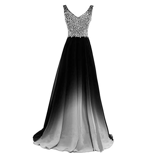 Women Formal Beaded Gradient Black Ombre Chiffon Long Prom Evening Dresses