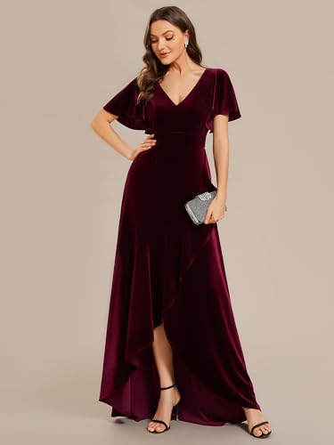 Women's Velvet Ruffle Sleeve V-Neck Wrap Waist Maxi Dress High Low Wedding Guest Dresses 02041