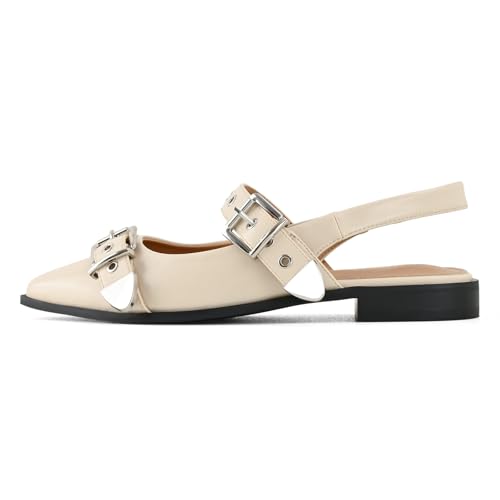 Women's Buckle Ballet Flats Pointed Closed Toe Slingback Shoes with Low Heel Comfortable Dress Flats