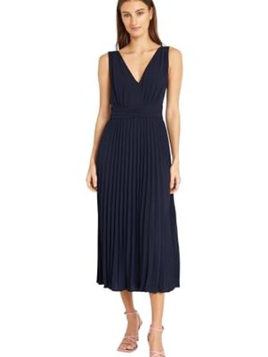 Elegant V-Neck Sleeveless Pleated Midi Wedding Guest Dresses for Women