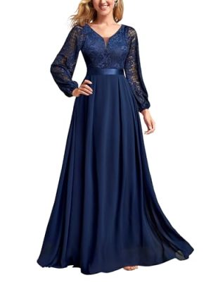 Women's Wedding Guest A-Line Dress Floral Lace Deep V Neck Long Sleeve Formal Evening Gown