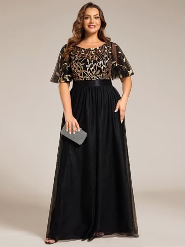 Women's Round Neck Short Sleeves Plus Size A-Line Tulle Sequin Formal Evening Dresses 0904-DA2