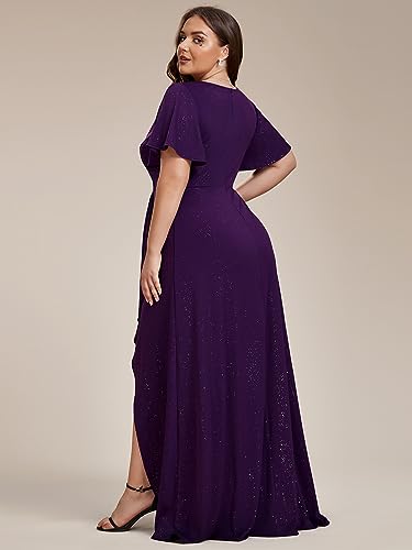 Women's Glitter Stretchy V Neck A-line High Low Plus Size Formal Dresses with Ruffles Sleeves 01738-PH