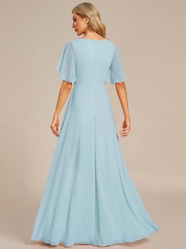 Women's Chiffon A-Line Ruched Short Sleeves Applique Waist V Neck Formal Dresses and Evening Gowns