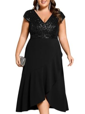 Women's Summer V Neck A Line Sequin Cap Sleeves Tea Length Plus Size Formal Wedding Guest Dresses