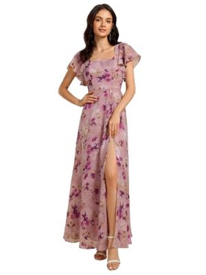 Women's Square Neck Short Sleeves Split Chiffon Floor Length A-Line Maxi Formal Dress 02409