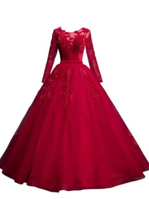 Velvet Floral Applique Formal Dresses for Wedding Long Sleeve Pearls Quinceanera Dress A-line Prom 2025