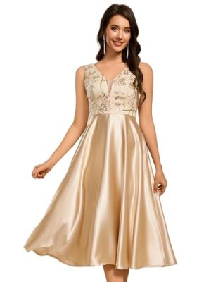 Women's Satin Sequin Appliques A Line Midi Length Wedding Guest Dress with Pockets 02341