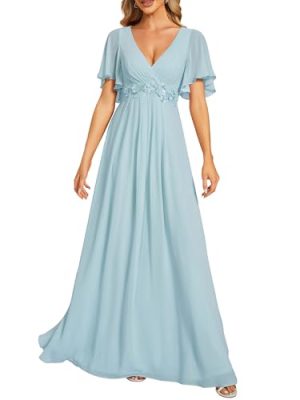 Women's Chiffon A-Line Ruched Short Sleeves Applique Waist V Neck Formal Dresses and Evening Gowns