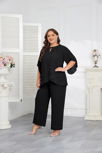 Mother of Bride Pant Suits Plus Size Half Sleeve 2 Piece Chiffon Pantsuit Formal Wedding Guest Outfit