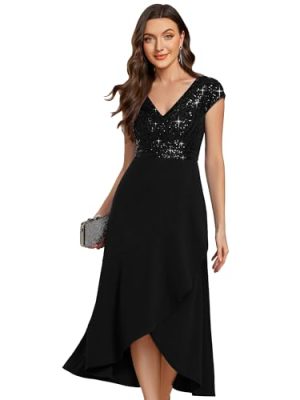 Women's Elegant V Neck Sequin Short Sleeve Hi-Lo Tea Length Evening Gowns 02325