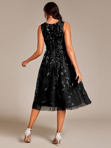 Women's Sequin Sparkly Crew Neck Short Sleeve Tea Length Evening Dress 20736