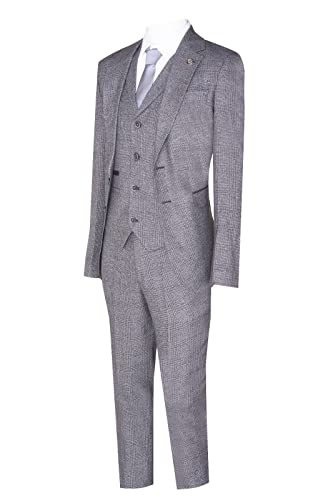 Mens Grey 3 Piece Suit Prince of Wales Check Classic Tailored Fit Wedding Suit