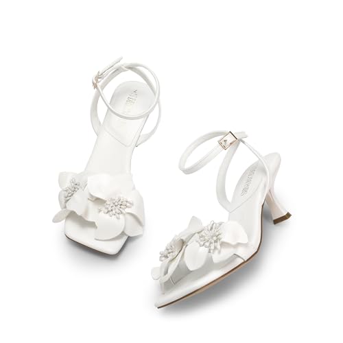 31g2lORe1eL.jpg Women's Flower Wedding Heels Cute Square Toe Slingback Low Kitten Heels Sandals with Ankle Strap