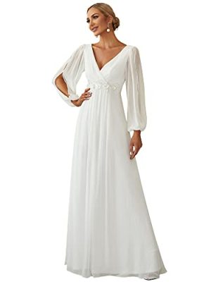 Women's V Neck Long Sleeves Floor Length Ruched Chiffon Formal Dress 00461