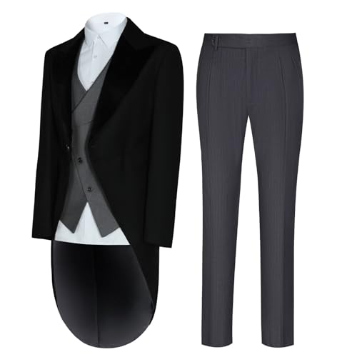 Men's 3 Piece Tuxedo Suit Slim Fit Swallow Long Tailcoat Performances Dinner Party Wedding Double Breasted Vest Pants