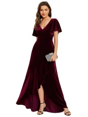 Women's Velvet Ruffle Sleeve V-Neck Wrap Waist Maxi Dress High Low Wedding Guest Dresses 02041