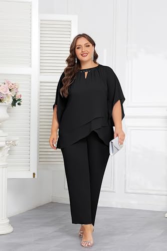 Mother of Bride Pant Suits Plus Size Half Sleeve 2 Piece Chiffon Pantsuit Formal Wedding Guest Outfit