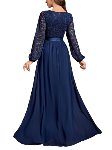 Women's Wedding Guest A-Line Dress Floral Lace Deep V Neck Long Sleeve Formal Evening Gown