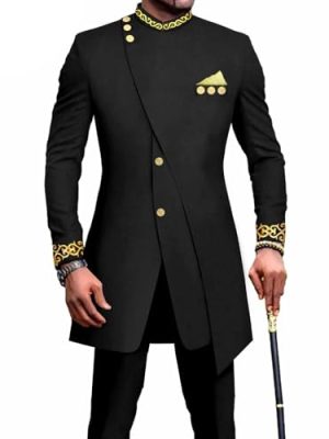 African Slim Fit Men's Suit Gold Printed Formal Suit Wedding Wear