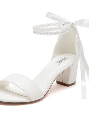Pearl Wedding Shoes Open Toe Block Heel Wedding Sandals Chunky Heel Bridal Shoes